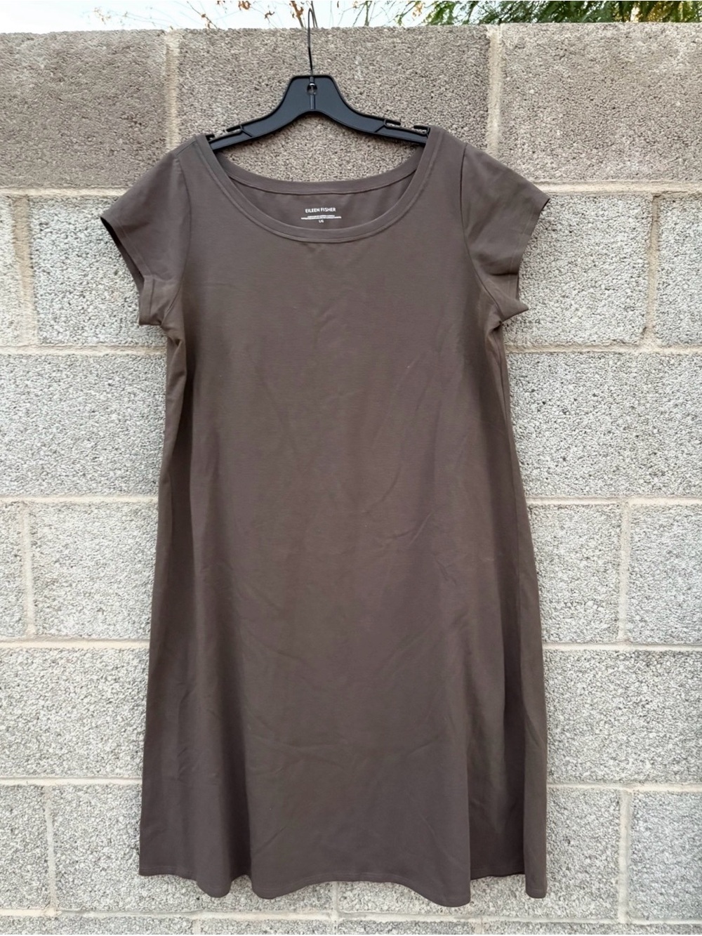 Eileen Fisher Large Taupe A-Line Swing Dress Organic Cotton Made in USA Cap Slv